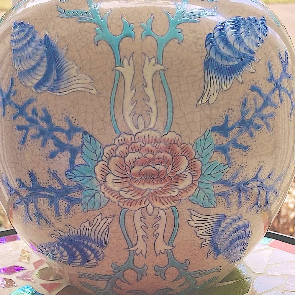 Gorgeous Old Vase-Asian Style, Globe Shaped, Pastel Blues, Green, Peach, Yellow - Picture 10 of 16